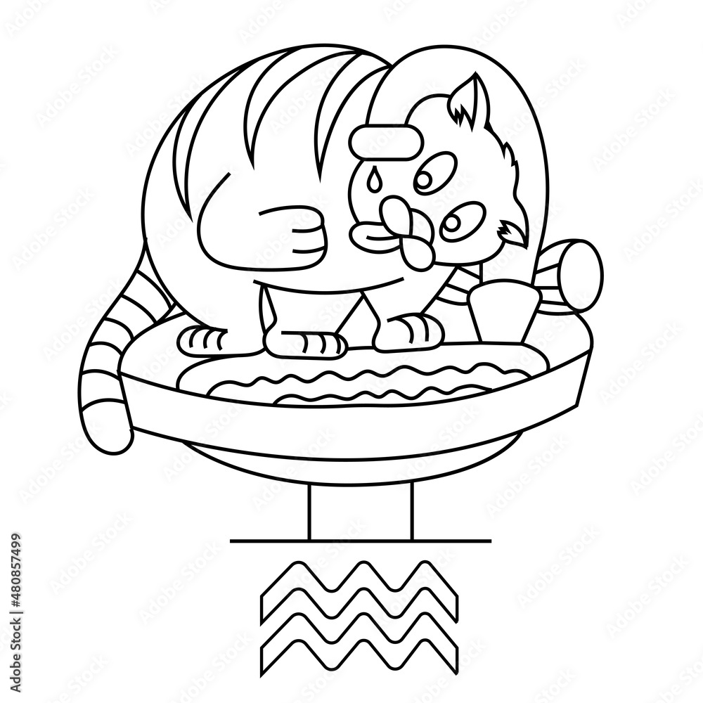 Aquarius zodiac sign in the form of cute cat. Line art isolated on white background. Vector illustration Aquarius zodiac sign in the form of cute cat. Line art isolated on white background. Vector illustration
