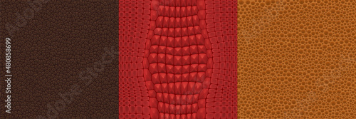 Textures of snake and crocodile skin. Backgrounds with wild animals leather print. Vector seamless pattern set of luxury fashion material from reptiles skin