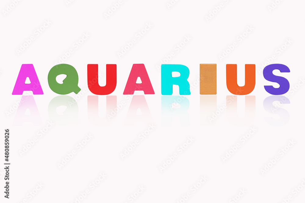 Name AQUARIUS is in 12 Zodiac isolated on white background. Colorful wooden alphabets set sort. English letter made of wood arrange alphabet as categorize suitable for children. Poster, banner design. Name AQUARIUS is in 12 Zodiac isolated on white background. Colorful wooden alphabets set sort. English letter made of wood arrange alphabet as categorize suitable for children. Poster, banner design.