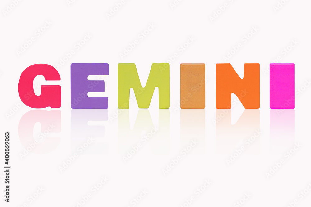 GEMINI is in (12 Zodiac) isolated on white background. Colorful wooded alphabets set sort. English letter made of wood arrange alphabet as categorize suitable for children. Poster, banner design. GEMINI is in (12 Zodiac) isolated on white background. Colorful wooded alphabets set sort. English letter made of wood arrange alphabet as categorize suitable for children. Poster, banner design.