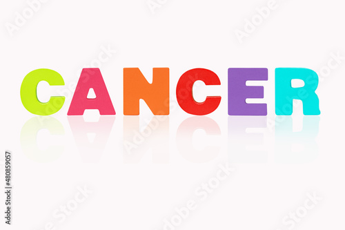 Name CANCER is in 12 Zodiac isolated on white background. Colorful wooden alphabets set sort. English letter made of wood arrange alphabet as categorize suitable for children. Poster, banner design. 