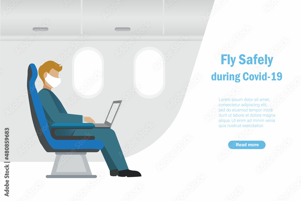 Businessman on passenger seat in airplane flight with face mask working on laptop. Safely travel, fly safely during covid19 concept. Businessman on passenger seat in airplane flight with face mask working on laptop. Safely travel, fly safely during covid19 concept.