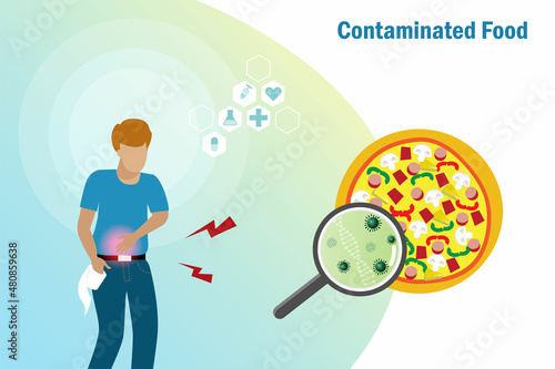 Contaminated food, food poisoning, food safety and biotechnology research concept. Man suffering from stomatch ache and diarrhea. Magnifying glass display becteria and virus from unclean food testing.