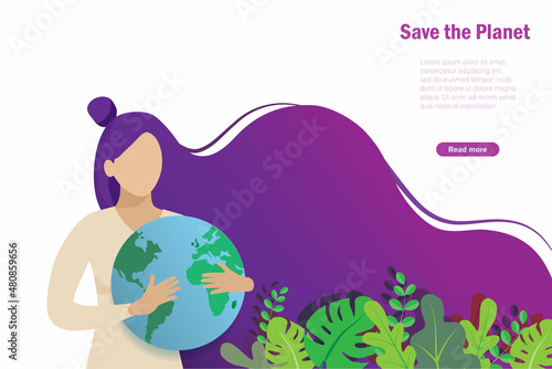 Save the planet and forest. Woman hold green planet in arm for protection. Care for nature, ecology, world environment day, earth day and global warming concept. For web template, banner and poster.