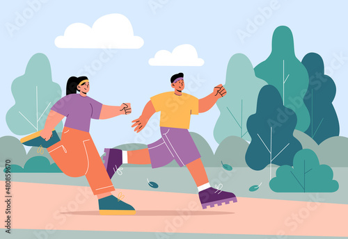 Man and woman run in park. Illustration of couple runners jogging together. Vector flat landscape with green trees and two characters joggers on path. Concept of healthy lifestyle, active fit