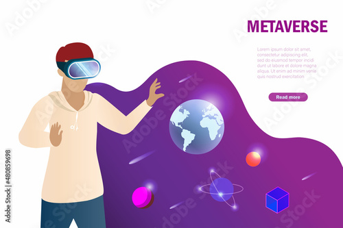 Metaverse gaming. Teenager wear VR goggle glass explore 3D virtual reality game on computer in universe futuristic environment. Visualisation and simulation gaming technology concept.