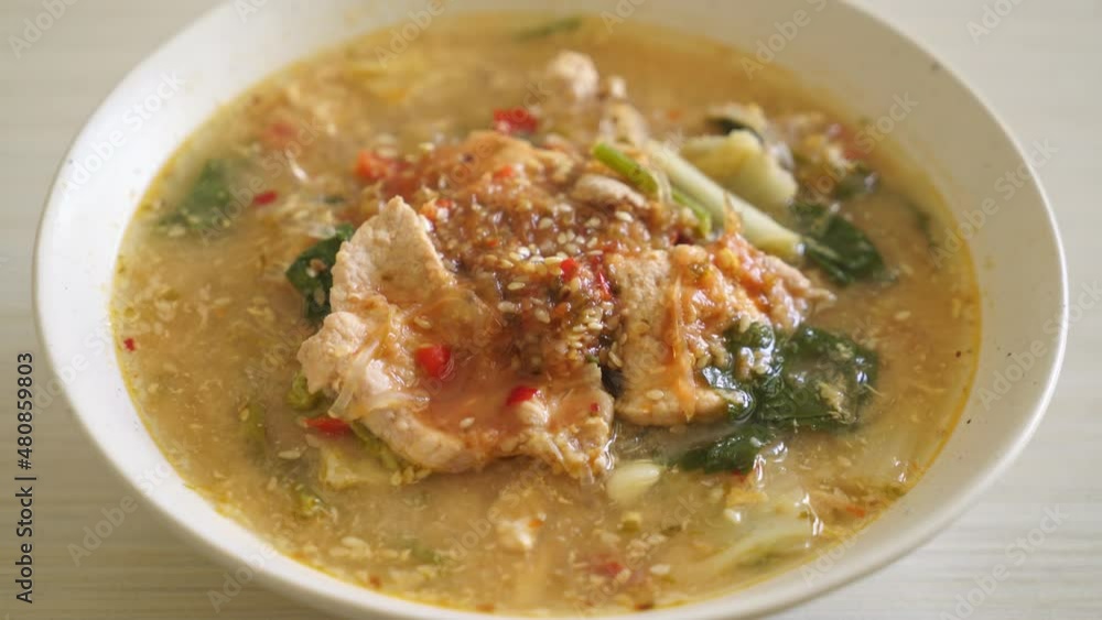 Sukiyaki Soup with Pork in Thai Style or boiled vermicelli with pork and vegetables in sukiyaki soup - Asian food style Sukiyaki Soup with Pork in Thai Style or boiled vermicelli with pork and vegetables in sukiyaki soup - Asian food style