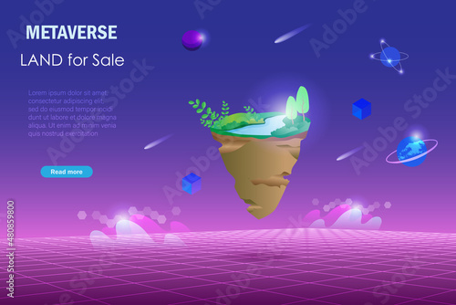Metaverse land for sale, digital real estate and property investment technology.  Virtual reality land for sale in cyber space futuristic environment background.