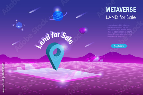 Metaverse land for sale, digital real estate and property investment technology.  Virtual reality land for sale with pin point in cyber space futuristic environment background.
