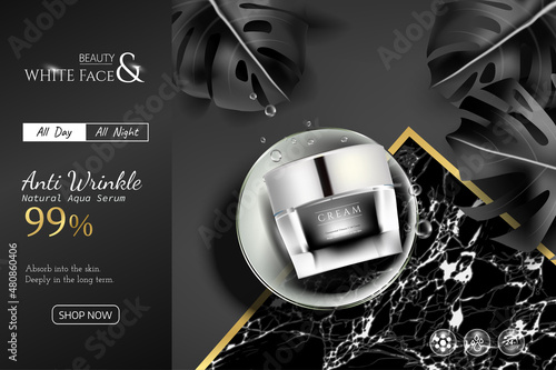 skin care product ads. Cosmetic jar with cream, serum. The background is black marble and gold line cut with black leaves. Black design.