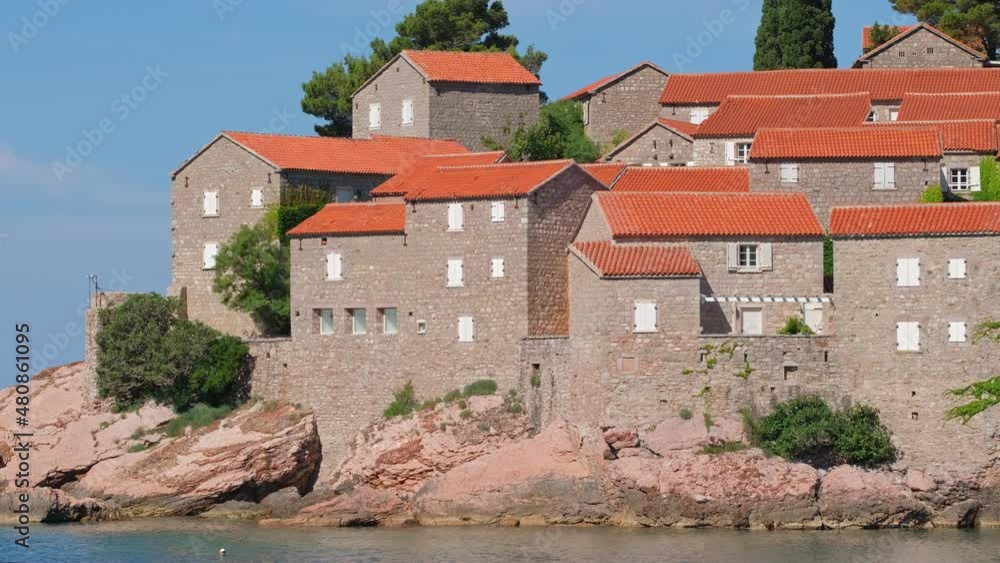 Historic buildings of the Sveti Stefan island close-up, near Budva in Montenegro Historic buildings of the Sveti Stefan island close-up, near Budva in Montenegro