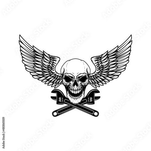 Winged skull with crossed wrenches. Design element for emblem, sign, badge, logo. Vector illustration
