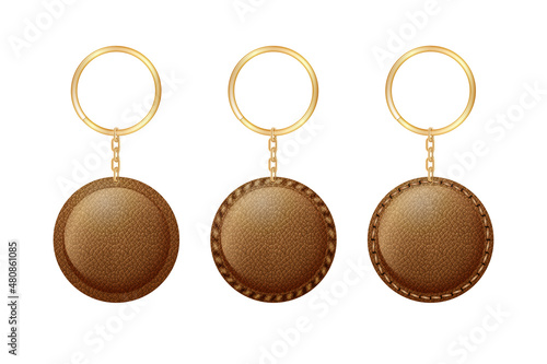 Leather round keychain, holder trinket for key with metal ring.