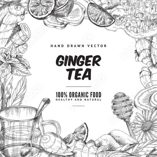 Ginger tea frame banner in monochrome sketch style, vector illustration on white background.