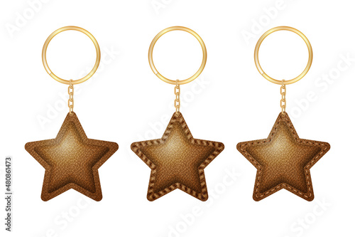 Leather star shape keychain, holder trinket for key with metal ring.