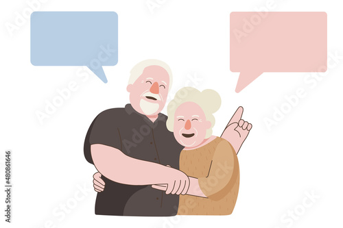 Elderly couple talking vector. Happy senior couple for chatting, messaging, gossiping and informative concept. People wife and husband. Happy senior couple for valentine’s day. vector illustration
