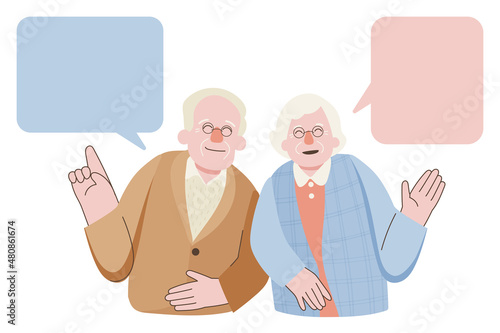 Elderly couple talking vector. Happy senior couple for chatting, messaging, gossiping and informative concept. People wife and husband. Happy senior couple for valentine’s day. vector illustration
