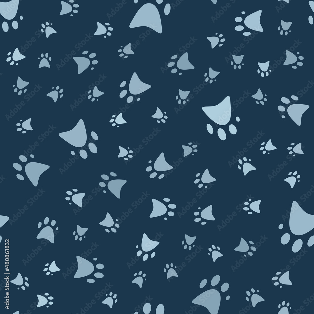 Fototapeta premium Seamless pattern with paws. Abstract pattern with blue paws. Random, chaotic background with cute paws.