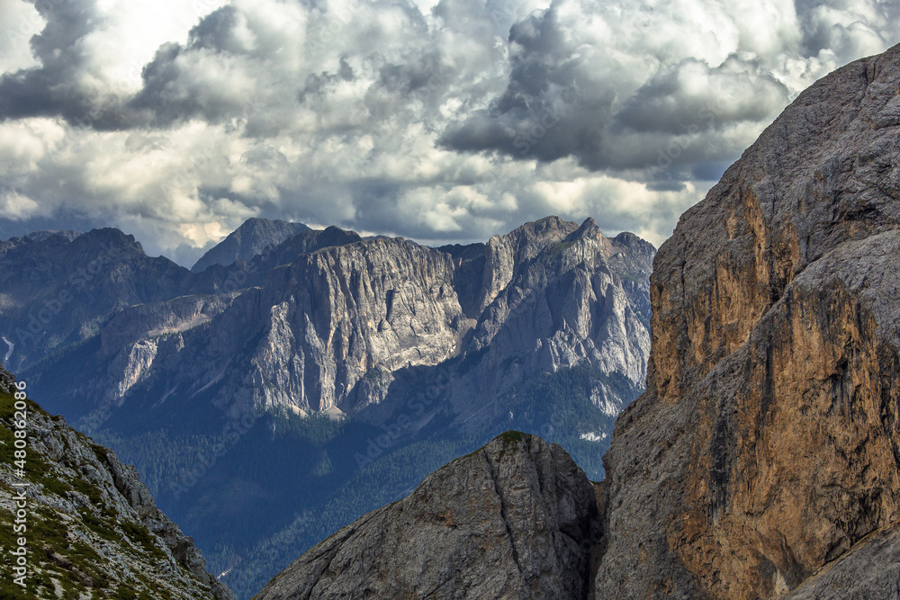 Obraz premium Alpine dolomite panorama in Val di Fassa, Italy, Trentino South Tyrol