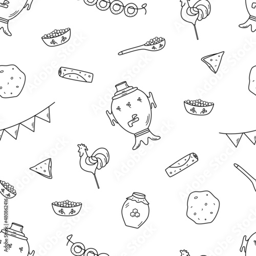 Seamless pattern vector illustration of icons of the traditional Russian holiday Maslenitsa. Endless background of pancake day elements.