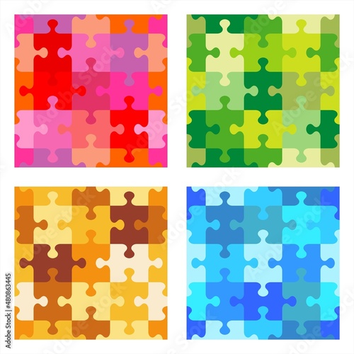 Seamless jigsaw puzzle patterns - shades of red, green, ocher, blue colors
