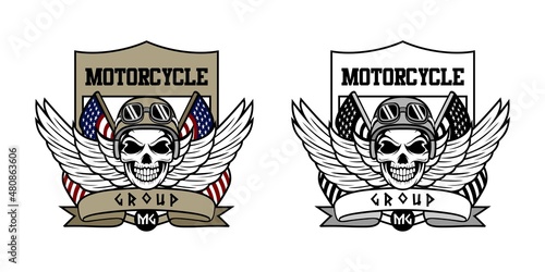 Motorcycle group logo with human skull head design illustration vector eps format , suitable for your design needs, logo, illustration, animation, etc.