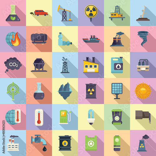 Global warming icons set flat vector. Climate change