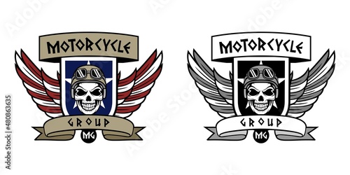 Motorcycle group logo with human skull head design illustration vector eps format , suitable for your design needs, logo, illustration, animation, etc.