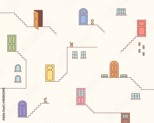 Small and simple doors are on the lined staircase. Simple pattern design template.