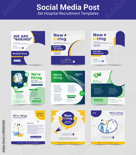 9 bundle creative social media post feed design. Set poster we are hiring doctor specialist, hospital team, healthy care candidate