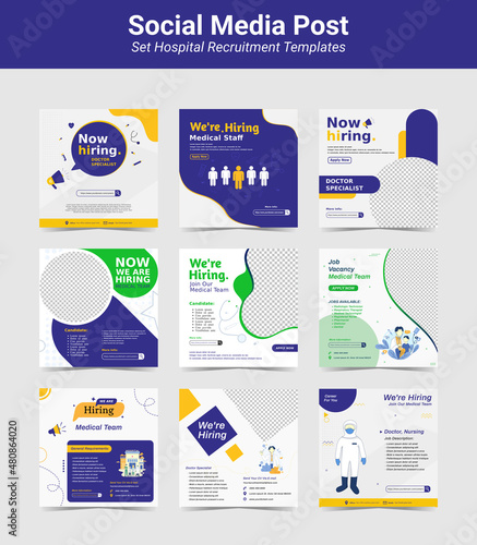 9 bundle creative social media post feed design. Set poster we are hiring doctor specialist, hospital team, healthy care candidate