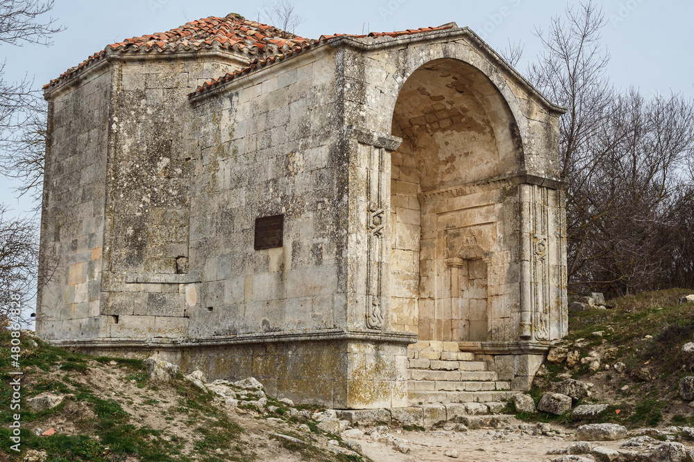 Mausoleum of Dzhanike-Khanym in cave city Chufut-Kale in Bakhchysarai, Crimea