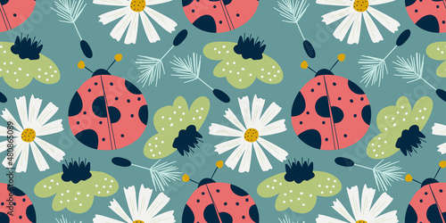 Seamless pattern ladybird and chamomile in scandinavian style. Nordic spring for kids textile. Summer floral scandinavian nursery print design. Ladybug with chamomile and dandelion flowers
