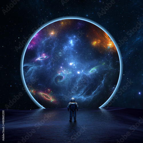 Astronaut cosmonaut discovery of new worlds of galaxies, fantasy portal to far universe. Astronaut space exploration, gateway to another universe. 3d render