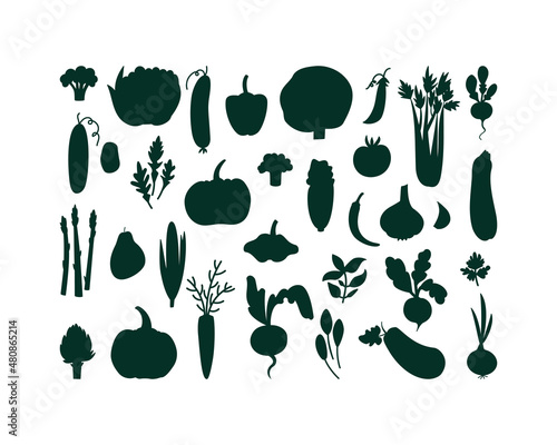 Set of silhouettes of different vegetables and herbs.  Black and white vector illustration with organic food