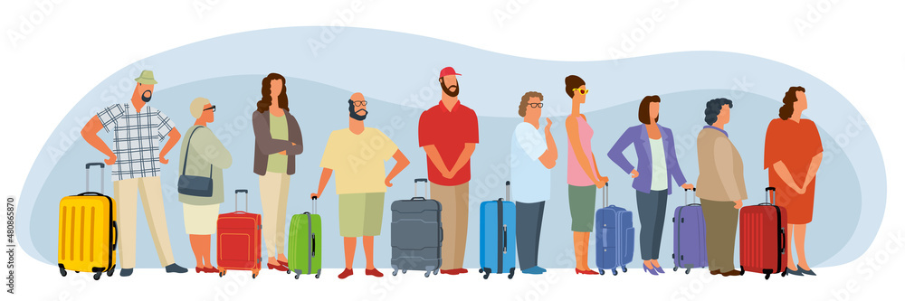 A group of passengers are standing in line. People with suitcases are waiting to board. Vector graphics A group of passengers are standing in line. People with suitcases are waiting to board. Vector graphics