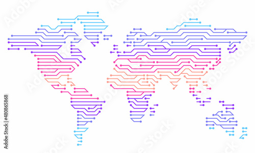 Electronic map of the world. Continents in the form of a colored microcircuit. Allegory of the digital world
