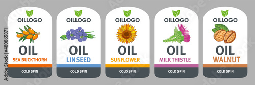 Organic oils labels set. Walnut, flax, sea buckthorn, sunflower and milk thistle oil.