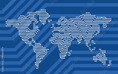 Electronic map of the world. Continents in the form of a microcircuit. Allegory of the digital world