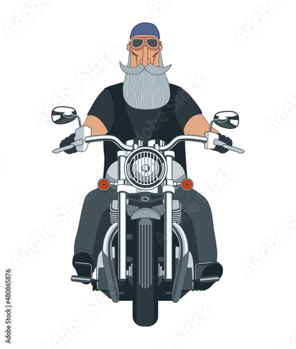 Cool biker on a motorcycle. Front view. Charismatic character. Vector drawing