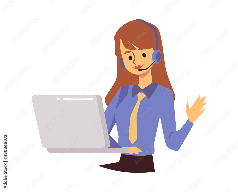 Woman with headset and laptop works in call center office, flat vector illustration isolated on white background. Woman with headset and laptop works in call center office, flat vector illustration isolated on white background.