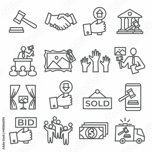Auction line icons set on white background