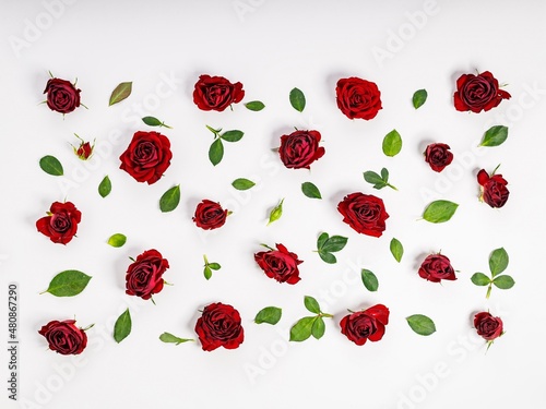 Floral Pattern of burgundy rose buds and green leaves. Light background. Flat lay