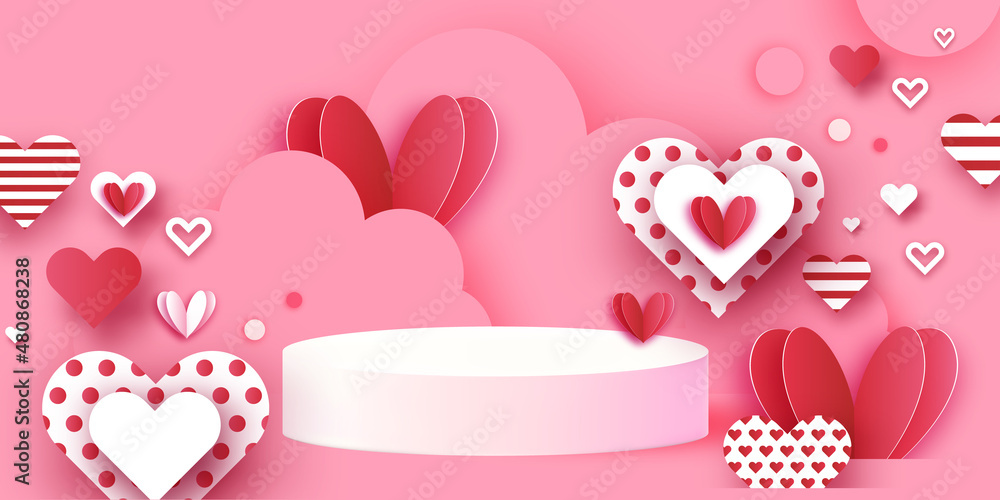 Happy Valentine's day 3D Podium scene or pedestal on pink background with heart paper cut craft shapes. Studio for display product mockup design. Waves and clouds. Super romantic holidays. Happy Valentine's day 3D Podium scene or pedestal on pink background with heart paper cut craft shapes. Studio for display product mockup design. Waves and clouds. Super romantic holidays.
