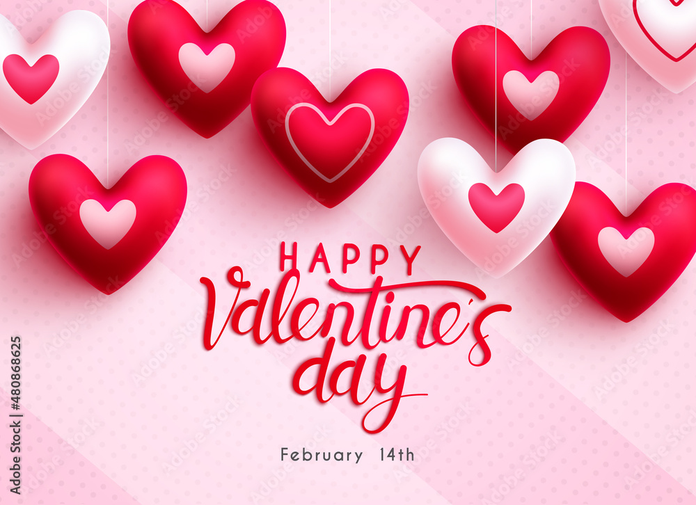 Happy valentine's day vector background design. Valentine's day text with hanging heart balloon elements for greeting card decoration. Vector illustration.
