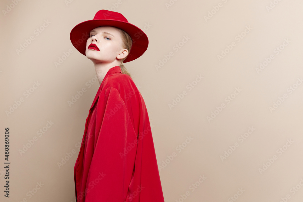woman in a red hat and jacket makeup studio model unaltered woman in a red hat and jacket makeup studio model unaltered