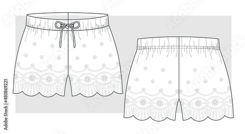 Summer woven shorts with lace trimming on bottom. Technical sketch.