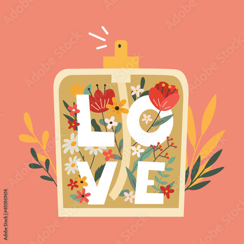 Floral perfume with the scent of love. Fragrance bottle with flowers concept. Hand drawn vector colorful funny cartoon style illustration for card, poster, postcard. 
