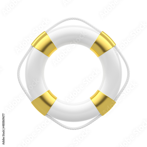White life buoy with golden elements. Luxury accessories without a brand on a white isolated background. Minimal layout concept. 3d render