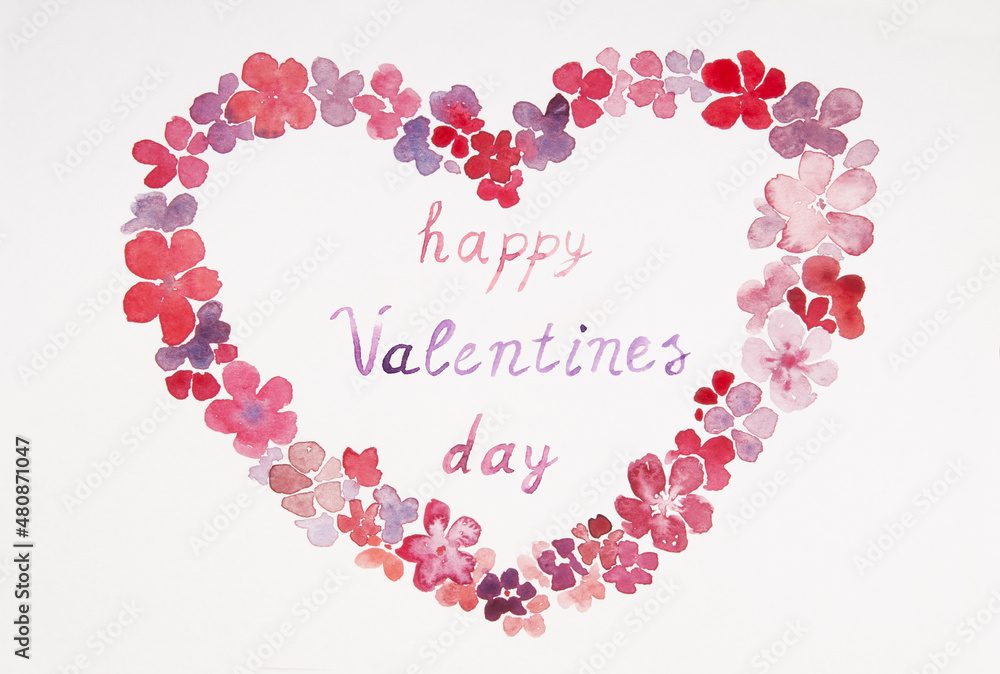 Heart of flowers with watercolors on a white background with the inscription: Happy Valentine's Day. Heart of flowers with watercolors on a white background with the inscription: Happy Valentine's Day.